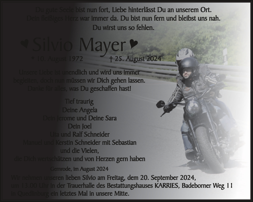  Traueranzeige für Silvio Mayer vom 31.08.2024 aus Trauerkombi Quedlinburg