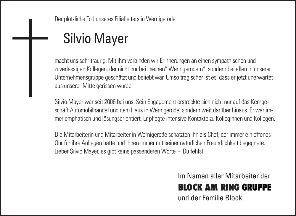  Traueranzeige für Silvio Mayer vom 31.08.2024 aus Mitteldeutsche Zeitung Quedlingburg
