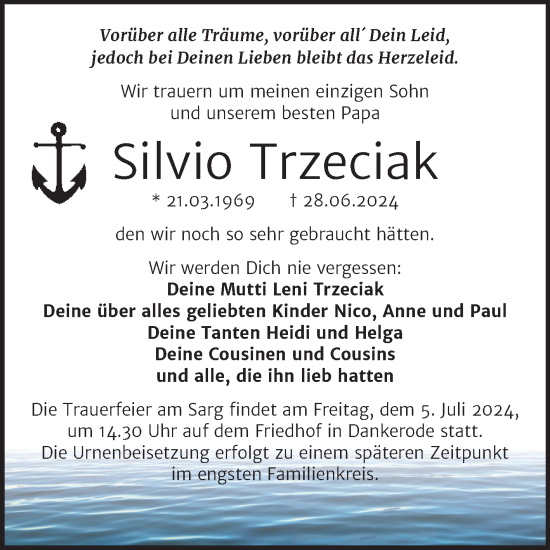 Traueranzeige von Silvio Trzeciak von Mitteldeutsche Zeitung Quedlingburg