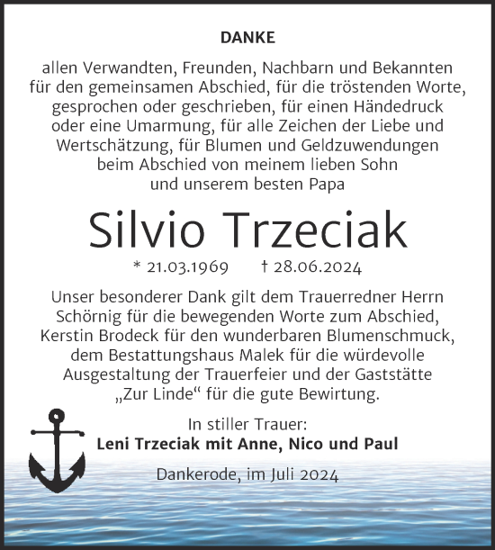 Traueranzeige von Silvio Trzeciak von Trauerkombi Quedlinburg