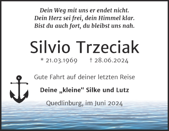 Traueranzeige von Silvio Trzeciak von Trauerkombi Quedlinburg