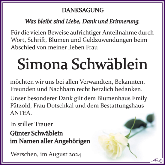 Traueranzeige von Simona Schwäblein von Trauerkombi Weißenfels