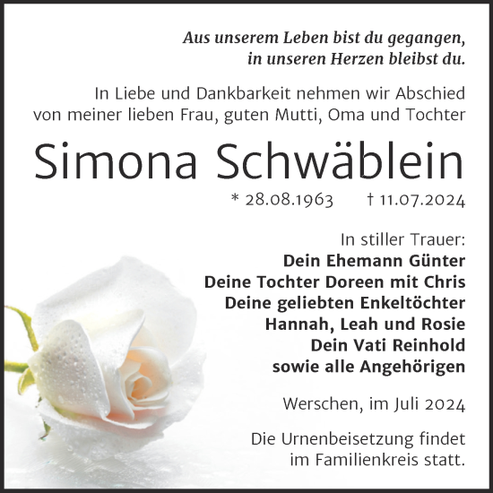 Traueranzeige von Simona Schwäblein von Trauerkombi Weißenfels