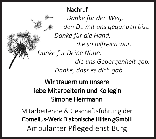 Traueranzeige von Simone Herrmann von Volksstimme Burg/Genthin