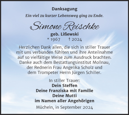 Traueranzeige von Simone Reischke von Trauerkombi Merseburg