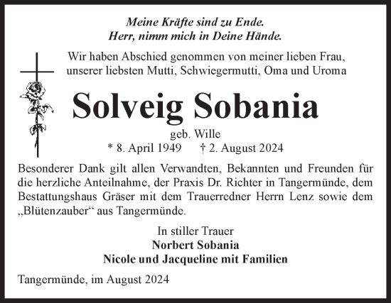 Traueranzeige von Solveig Sobania von Volksstimme Altmark Ost