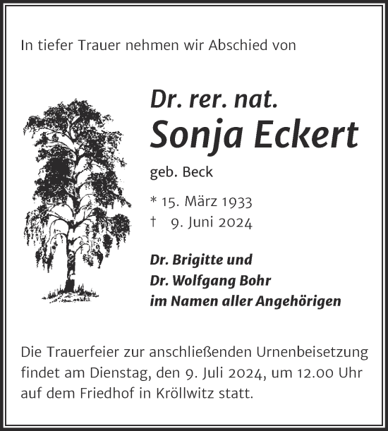 Traueranzeige von Sonja Eckert von Mitteldeutsche Zeitung Halle/Saalkreis