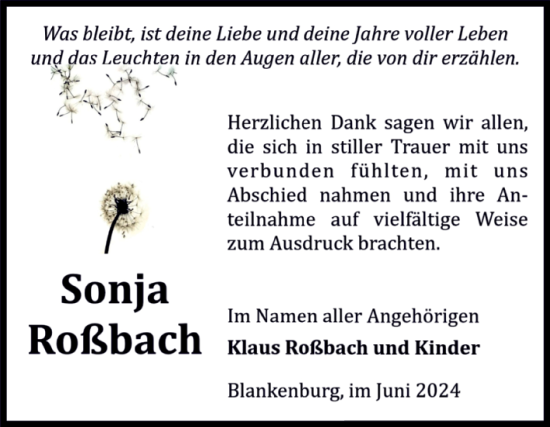 Traueranzeige von Sonja Roßbach von Volksstimme Wernigerode