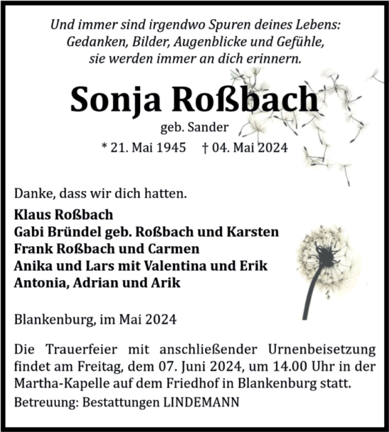 Traueranzeige von Sonja Roßbach von Volksstimme Wernigerode