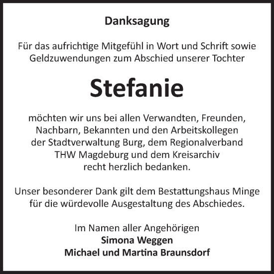Traueranzeige von Stefanie  von Volksstimme Burg/Genthin