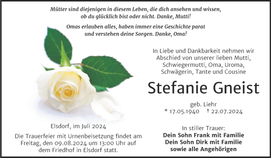 Traueranzeige von Stefanie Gneist von Trauerkombi Köthen