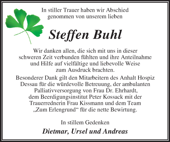 Traueranzeige von Steffen Buhl von Trauerkombi Dessau