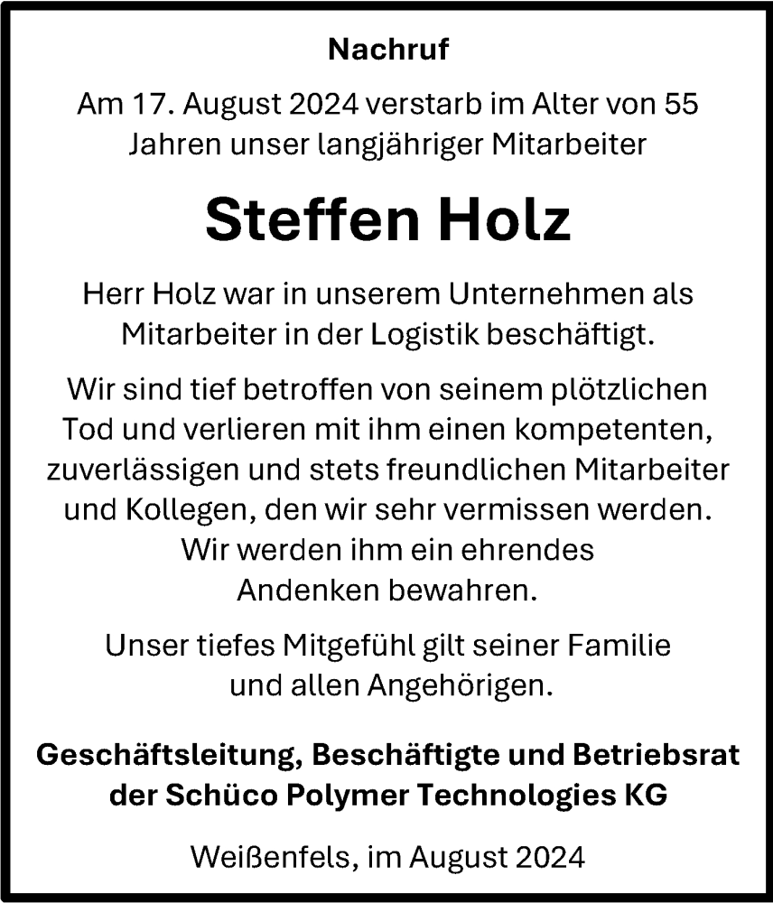  Traueranzeige für Steffen Holz vom 31.08.2024 aus Mitteldeutsche Zeitung Weißenfels