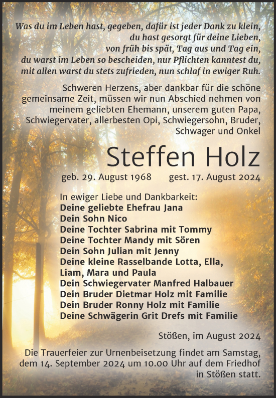 Traueranzeige von Steffen Holz von Trauerkombi Weißenfels