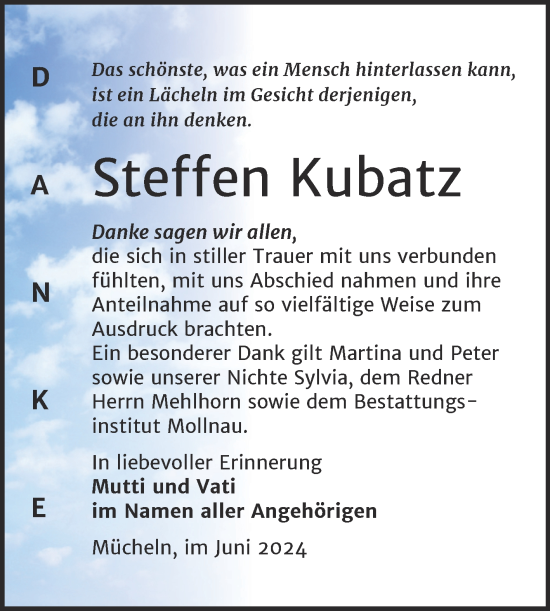 Traueranzeige von Steffen Kubatz von Trauerkombi Merseburg