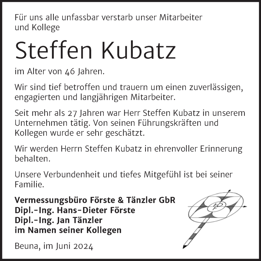  Traueranzeige für Steffen Kubatz vom 08.06.2024 aus Mitteldeutsche Zeitung Merseburg/Querfurt