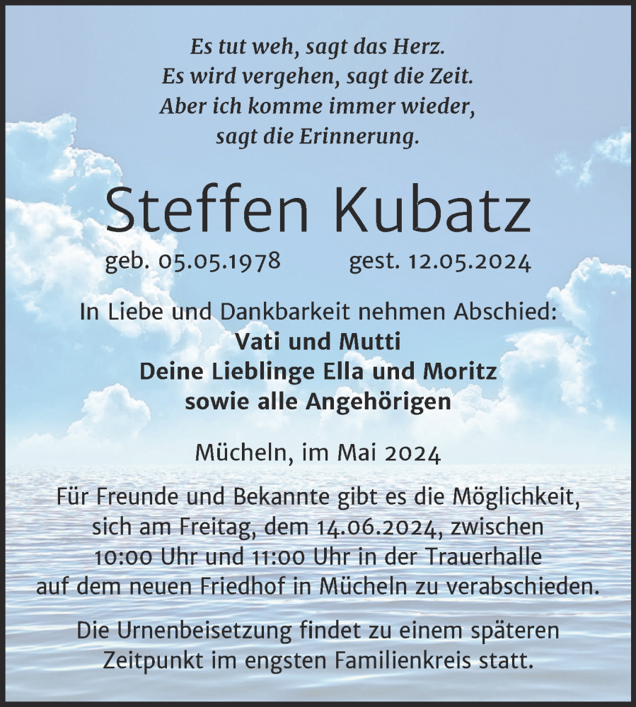  Traueranzeige für Steffen Kubatz vom 01.06.2024 aus Trauerkombi Merseburg