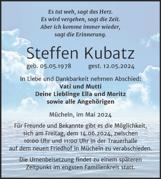 Traueranzeige von Steffen Kubatz von Trauerkombi Merseburg