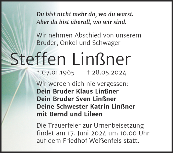Traueranzeige von Steffen Linßner von Trauerkombi Weißenfels