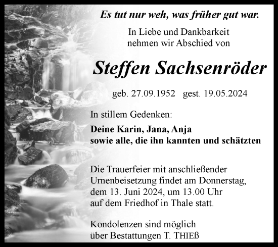 Traueranzeige von Steffen Sachsenröder von Trauerkombi Quedlinburg