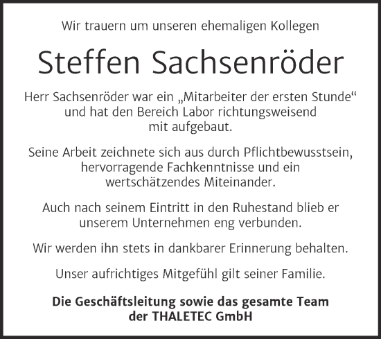 Traueranzeige von Steffen Sachsenröder von Mitteldeutsche Zeitung Quedlingburg