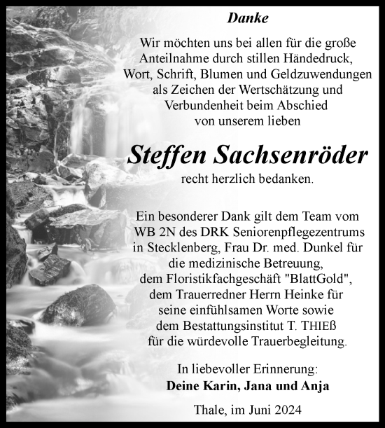 Traueranzeige von Steffen Sachsenröder von Trauerkombi Quedlinburg