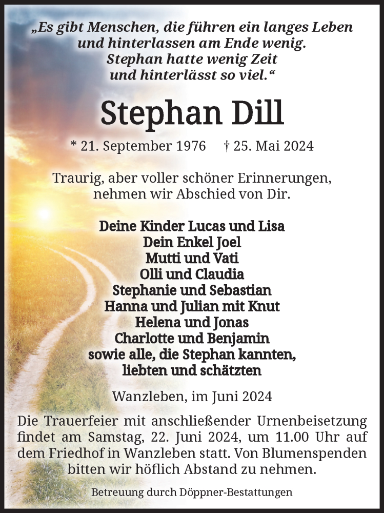  Traueranzeige für Stephan Dill vom 08.06.2024 aus Volksstimme Oschersleben/Wanzleben