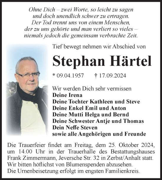 Traueranzeige von Stephan Härtel von Volksstimme Zerbst
