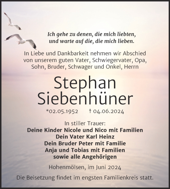 Traueranzeige von Stephan Siebenhüner von Trauerkombi Weißenfels