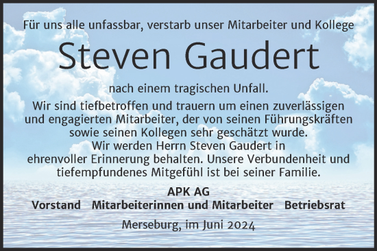 Traueranzeige von Steven Gaudert von Mitteldeutsche Zeitung Merseburg/Querfurt