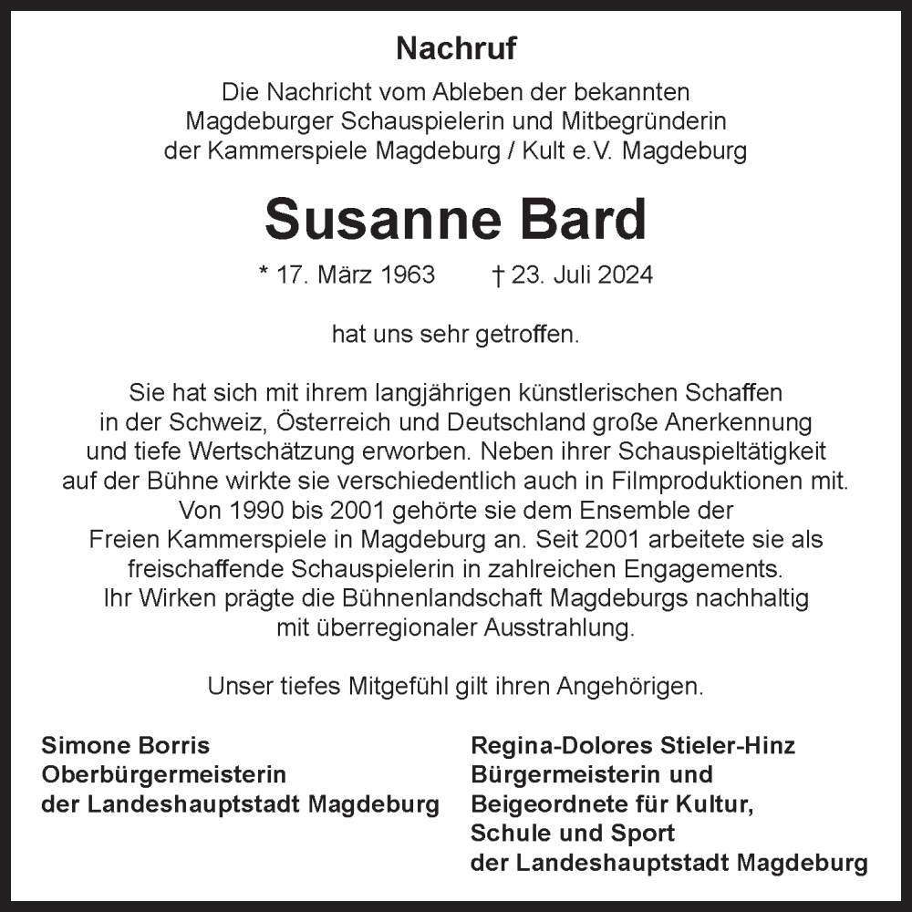  Traueranzeige für Susanne Bard vom 30.07.2024 aus Volksstimme Magdeburg