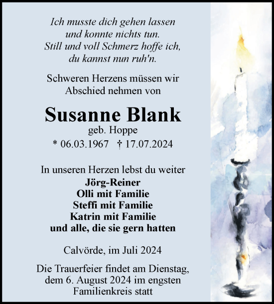 Traueranzeige von Susanne Blank von Volksstimme Haldensleben/Wolmirstedt