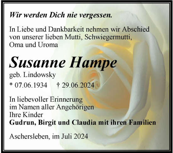 Traueranzeige von Susanne Hampe von Trauerkombi Aschersleben