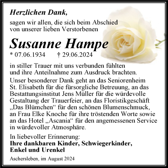Traueranzeige von Susanne Hampe von Trauerkombi Aschersleben