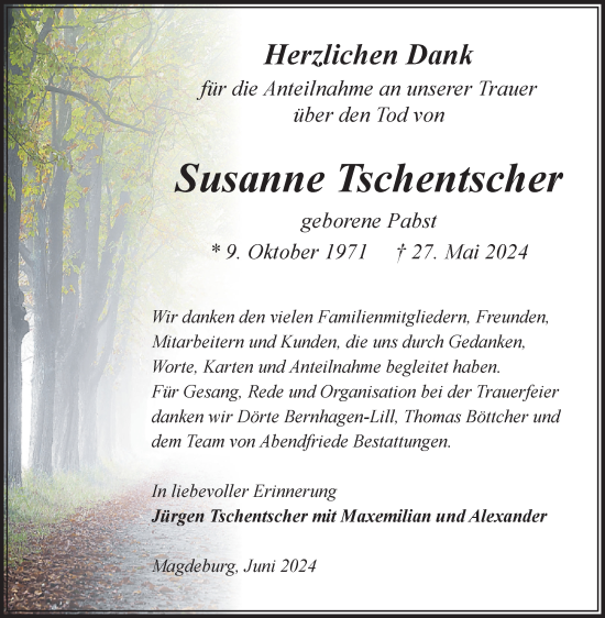 Traueranzeige von Susanne Tschentscher von Volksstimme Magdeburg