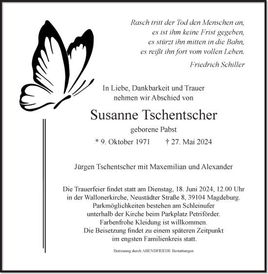 Traueranzeige von Susanne Tschentscher von Volksstimme Magdeburg