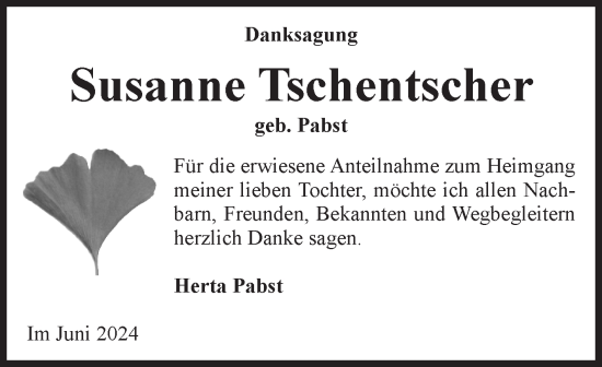 Traueranzeige von Susanne Tschentscher von Volksstimme Schönebeck
