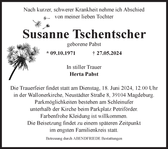 Traueranzeige von Susanne Tschentscher von Volksstimme Schönebeck
