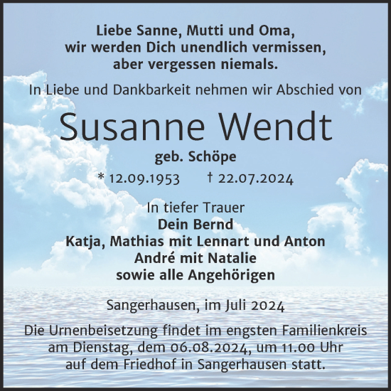 Traueranzeige von Susanne Wendt von Trauerkombi Sangerhausen