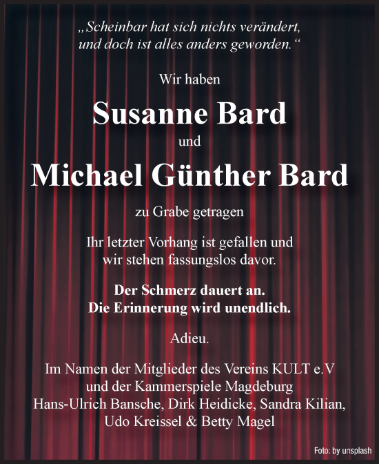 Traueranzeige von Susanne und Michael Günther Bard von Volksstimme Magdeburg