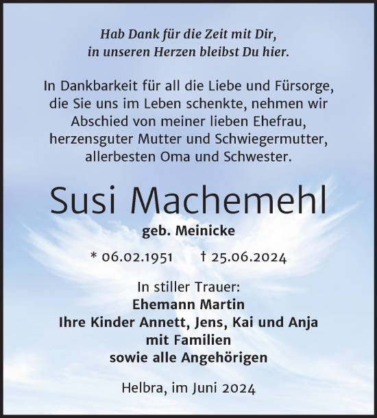 Traueranzeige von Susi Machemehl von Trauerkombi Mansfelder Land