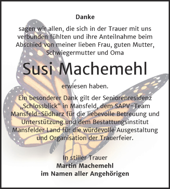 Traueranzeige von Susi Machemehl von Trauerkombi Mansfelder Land