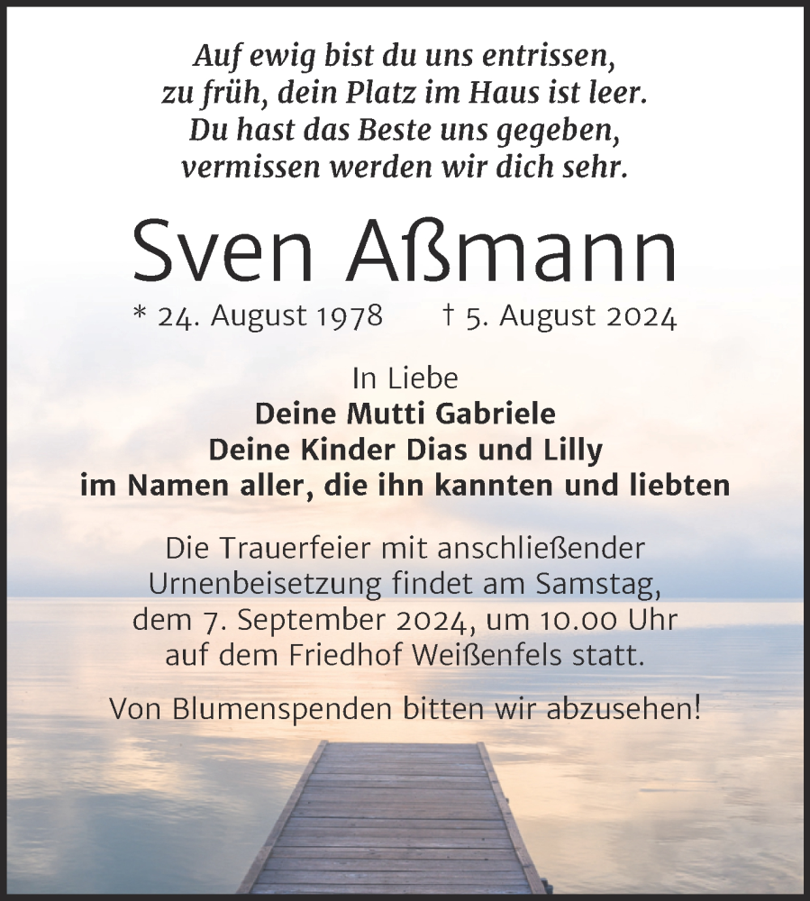  Traueranzeige für Sven Aßmann vom 31.08.2024 aus Trauerkombi Weißenfels
