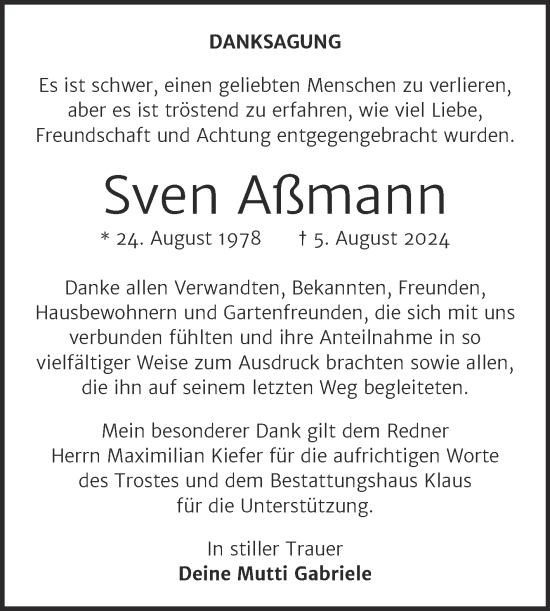 Traueranzeige von Sven Aßmann von Trauerkombi Weißenfels