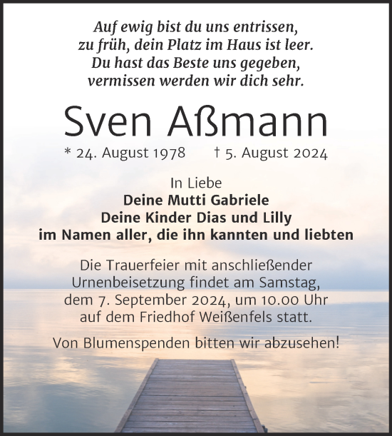 Traueranzeige von Sven Aßmann von Trauerkombi Weißenfels