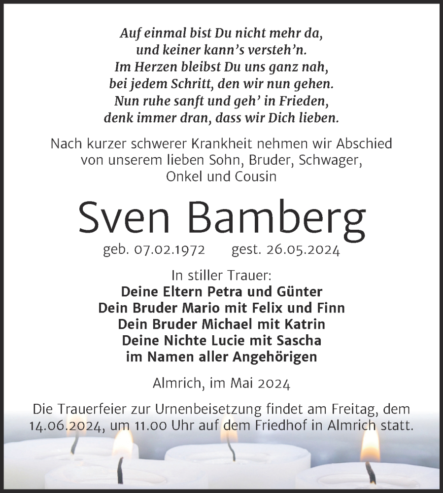  Traueranzeige für Sven Bamberg vom 08.06.2024 aus Super Sonntag Naumburg/Nebra