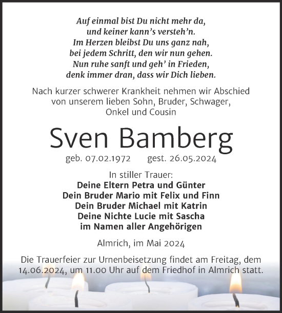 Traueranzeige von Sven Bamberg von Super Sonntag Naumburg/Nebra