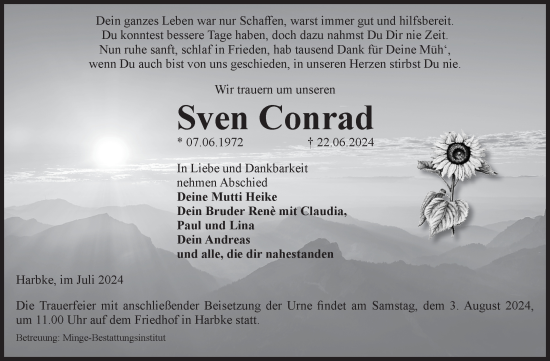 Traueranzeige von Sven Conrad von Volksstimme Oschersleben/Wanzleben