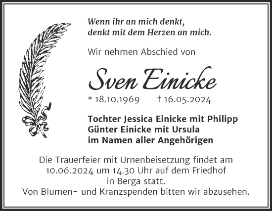 Traueranzeige von Sven Einicke von Trauerkombi Sangerhausen
