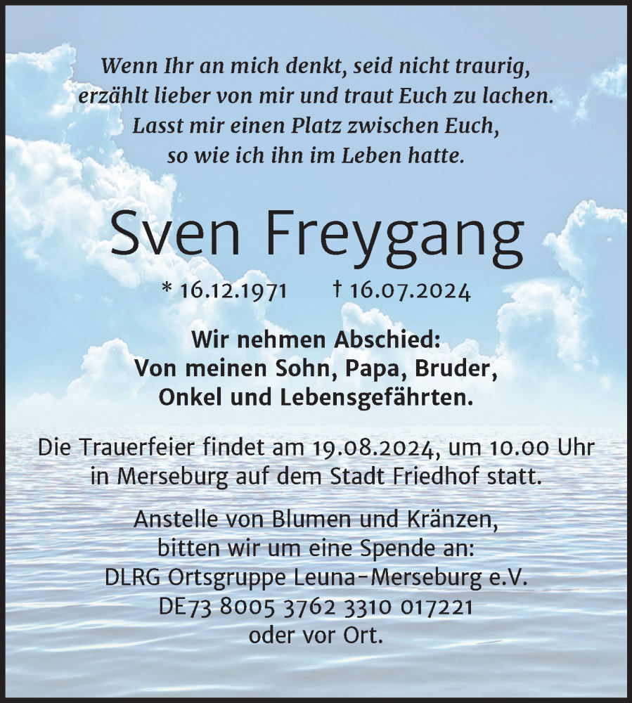  Traueranzeige für Sven Freygang vom 03.08.2024 aus Trauerkombi Merseburg